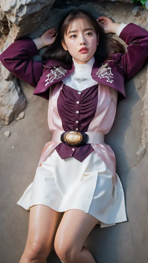 ( High-definition CG),( Best Quality ),(( composition showing the part above the knee)),((Viewpoint from directly above)),(( in a dark cave)),(( 1girl )), perfect face, shiny skin , wide hips , thin waist, purple bolero jacket,((white skirt)), Long Sleeve ...