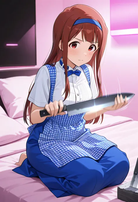 1girl ,Tanaka Kotoha,Idolmaster Million Live,hotel bed,kobeya uniform,blue bow, blue bowtie, white shirt, short sleeves, blue skirt, Blue apron, gingham apron, employee uniform, high-waist skirt, serious expression,(beautiful girl:1.3),masterpiece,Please ...