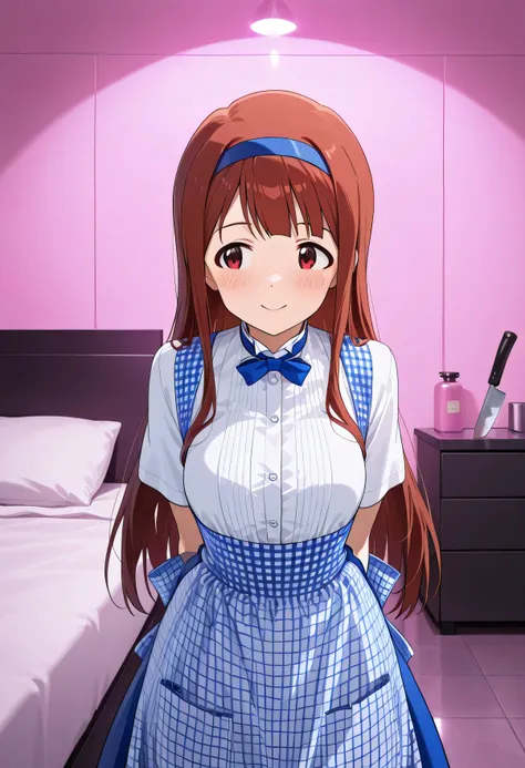 1girl ,Tanaka Kotoha,Idolmaster Million Live,hotel bed,kobeya uniform,blue bow, blue bowtie, white shirt, short sleeves, blue skirt, Blue apron, gingham apron, employee uniform, high-waist skirt, so smiling,(beautiful girl:1.3),masterpiece,Please redeem,U...