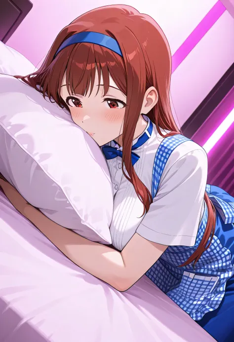 (extreme close-up:1.5), 1girl ,Tanaka Kotoha,Idolmaster Million Live,hotel bed,kobeya uniform,blue bow, blue bowtie, white shirt, short sleeves, blue skirt, Blue apron, gingham apron, employee uniform, high-waist skirt,(beautiful girl:1.3),masterpiece,Plea...