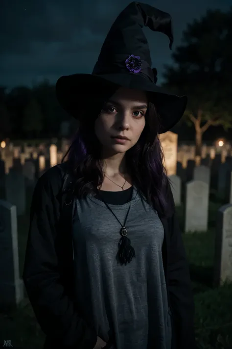 A hyperrealistic witch in black and purple 32k photo masterpiece hyperrealistic woman cemetery darkness background. 