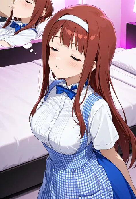 (extreme close-up:1.5), 1girl ,Tanaka Kotoha,Idolmaster Million Live,hotel bed,kobeya uniform,blue bow, blue bowtie, white shirt, short sleeves, blue skirt, Blue apron, gingham apron, employee uniform, high-waist skirt,(beautiful girl:1.3),masterpiece,Plea...