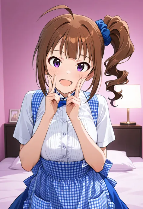 1girl ,Yokoyama Nao,The Idolmaster Million Live,hotel bed,kobeya uniform,blue bow, blue bowtie, white shirt, short sleeves, blue skirt, Blue apron, gingham apron, employee uniform, high-waist skirt,(beautiful girl:1.3),masterpiece,Please redeem,Ultra-high...