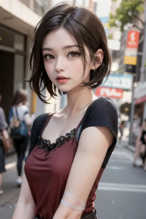 in street,brown hair, red Camisole, looking at the viewer, short hair,