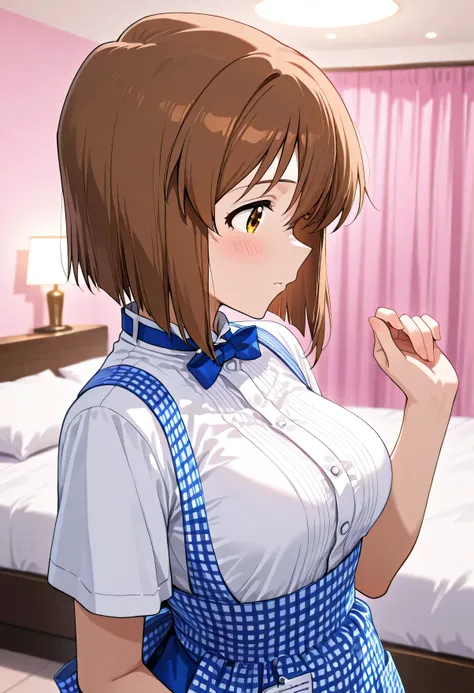  1girl ,hagiwara yukiho,The Idolmaster Million Live,(hotel bed),kobeya uniform,blue bow, blue bowtie, white shirt, short sleeves, blue skirt, Blue apron, gingham apron, employee uniform, high-waist skirt,big breasts,(beautiful girl:1.3),masterpiece,Please ...