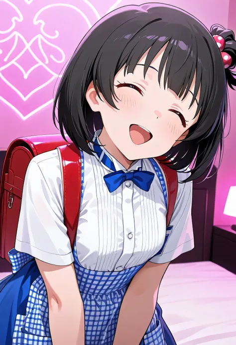 (((Kiss))), 1girl ,Nakatani Iku,Idolmaster Million Live,hotel bed,kobeya uniform,blue bow, blue bowtie, white shirt, short sleeves, blue skirt, Blue apron, gingham apron, employee uniform, high-waist skirt,(beautiful girl:1.3),masterpiece,Please redeem,Ult...
