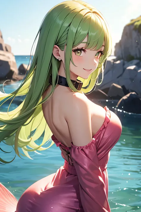 Mermaid Woman, 20 years old, golden eyes, sweet smile, long greenish hair with bangs. She is wearing a short pink dress with a strapless collar, bare back, long flowing sleeves, high waist and flared hem.