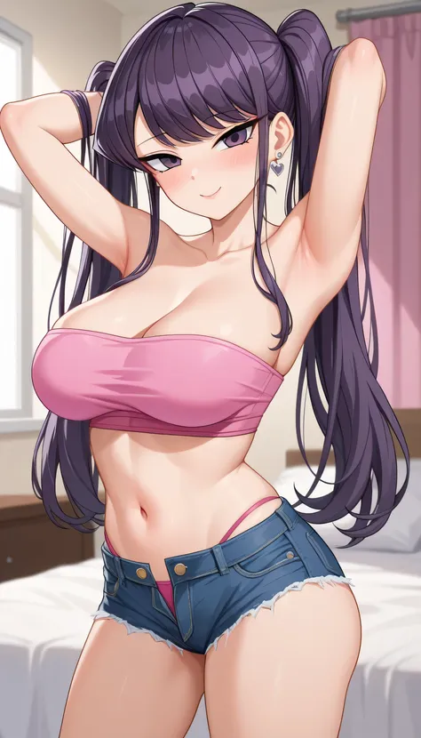 Komi Shouko, long hair, twintails, purple eyes, purple hair, large breasts, anime screencap, masterpiece, (cowboy shot), pink bedroom background, bedroom,  bangs, midriff, (pink tube top), denim hotpants, open fly, gyaru clothes, thighighs, light blush, se...