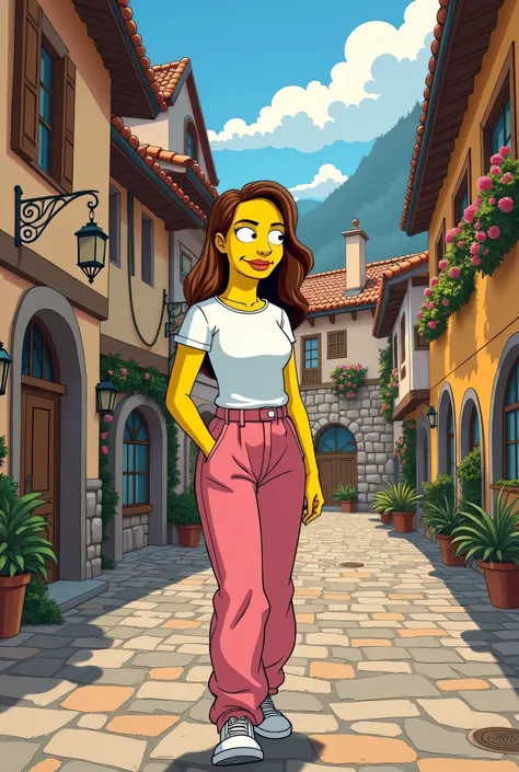 Simpsons style brunette 24-year-old poster, Skinny woman wearing a white t-shirt and loose pink pants and white shoes walking through a medieval village con pantalón suelto