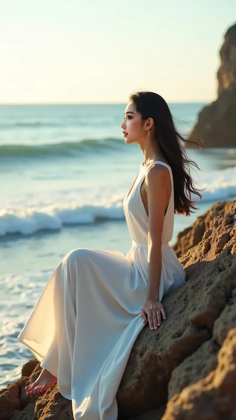 A highly detailed, ultra-realistic photograph of a sophisticated Vietnamese woman, 18 years old, sitting gracefully on a rugged rock formation by the sea in Cô Tô. She is wearing a flowing white maxi dress that drapes elegantly over the rocks, with her bar...