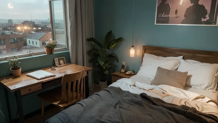 A cozy lofi-style bedroom with a warm and relaxing atmosphere. The room is dimly lit by soft ambient lights and the gentle glow of the moon shining through a large window, revealing a peaceful city night view. A wooden desk holds an open laptop emitting a ...