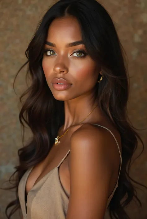 "A brown woman of approximately 24 years of short stature with green eyes, e piercing no nariz.  She has long dark brown hair .  Her skin has a natural tan tone ,  and her lips are full and well defined . She wears an elegant dress that enhances her silhou...