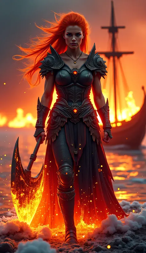 A fierce Viking Fire Empress standing tall against a burning fjord, facing forward with an intense gaze. She wears heavy blackened armor with glowing runes, her fiery-red hair flowing wildly in the wind. Her massive battle-axe drips with molten energy, and...