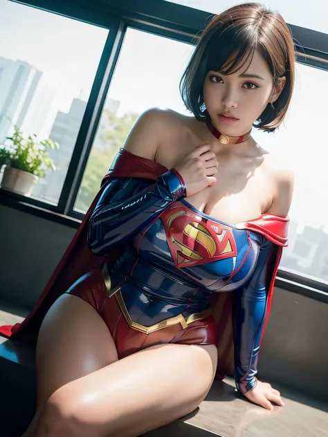 masterpiece、Latex Supergirl Costume、Off Shoulder、Ultra short hair、Big, Fuller Breasts、 Shiny Sweaty Skin 、face to face、choker、Provocative cleavage 、 Long Sleeve、cloak、Glamorous thighs、Close up shot of a young slutty supergirl sitting in front of a giant te...