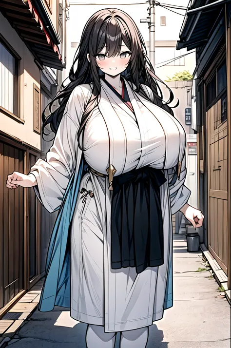 (pale skin:1.15),(Scary smile),long hair. (black hair).droopy eyes.Alluring. mature woman,,White colored kimono, MYSTERIOUS WOMAN .(huge sagging breasts:1.25), towering,,Very tall,(Height 240 centimeters), hypo.Unlucky.Japanese Alley.Arms forward.cowboy sh...