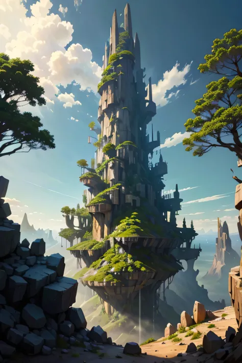 masterpiece, bottomless abyss, giant trees floating in the air. Beautiful sky and rocks in the distance. Adventure landscape .  Top quality ,  Detailed.