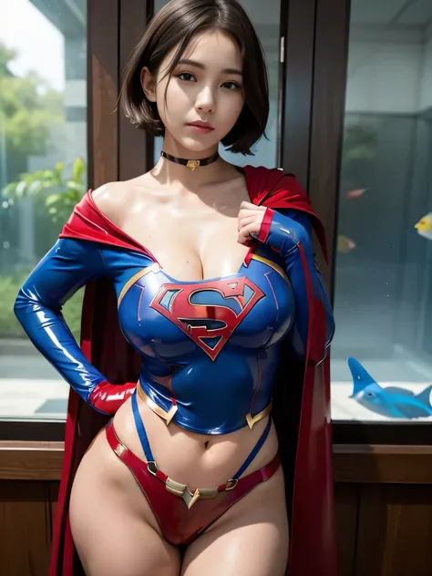 masterpiece、Latex Supergirl Costume、Off Shoulder、Ultra short hair、Big, Fuller Breasts、 Shiny Sweaty Skin 、face to face、choker、Provocative cleavage 、 Long Sleeve、cloak、 seductive thighs、Close up shot of a young slutty supergirl surrounded by a huge aquarium...