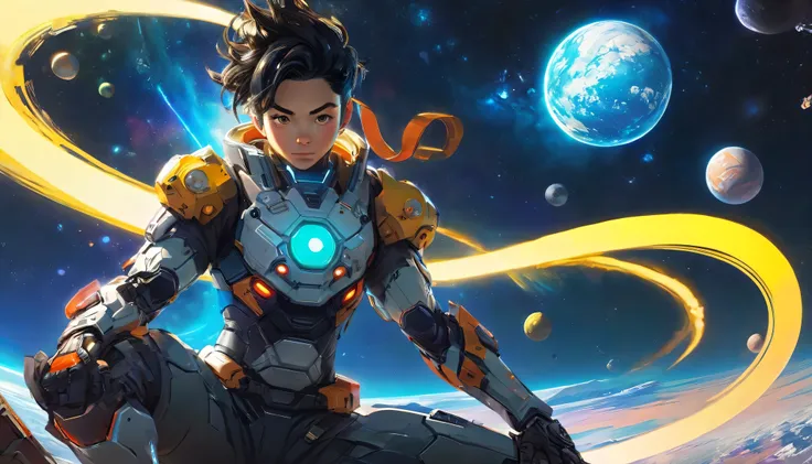  anime character sitting on the ground looking at the planet, Space Cowboys, cyber Space Cowboys, Inspired by Josan Gonzalez , Shinkai Makoto (   apex legends  ),  Akira Art Style ,  Ross Tran Style , Akira Ambience ,  Akira Art Style ,  floating next to t...