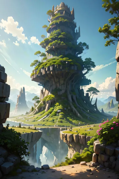 masterpiece, bottomless abyss, colorful flowers and giant trees. Beautiful sky and rocks in the distance. Adventure landscape. highest quality, detailed.