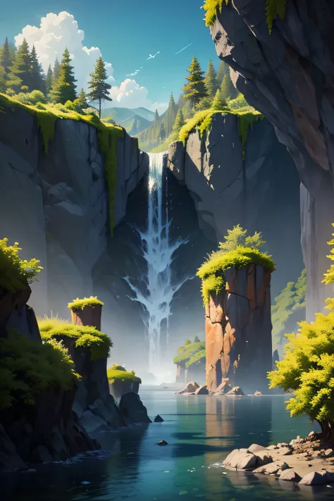 masterpiece, bottomless abyss, colorful flowers and giant trees. Beautiful sky and rocks in the distance. Adventure landscape. highest quality, detailed.