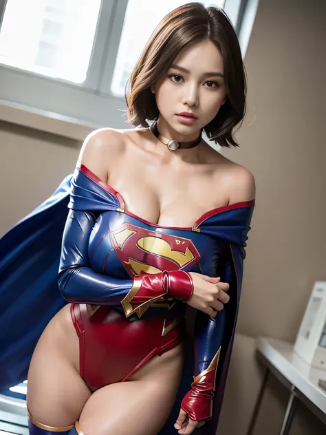 masterpiece、Latex Supergirl Costume、Off Shoulder、Ultra short hair、Big, Fuller Breasts、 Shiny Sweaty Skin 、face to face、choker、Provocative cleavage 、 Long Sleeve、cloak、 seductive thighs、Close up shot of a young slutty supergirl surrounded by laboratory equi...