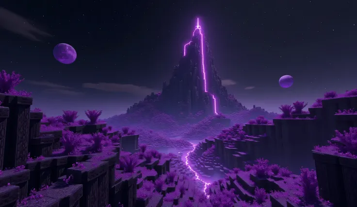 A surreal, otherworldly Minecraft-inspired End dimension. The dark void stretches infinitely, with floating islands covered in eerie purple chorus plants. The sky is an endless black, illuminated by floating celestial bodies. In the distance, a massive obs...