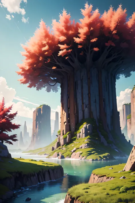 masterpiece, bottomless abyss, colorful flowers and giant trees. Beautiful sky and rocks in the distance. Adventure landscape. highest quality, detailed.