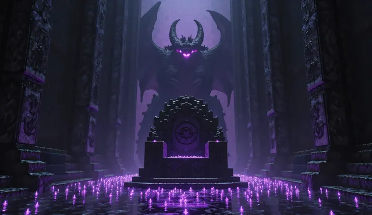 A dark and eerie throne room inside the tallest obsidian tower of the End. The throne is made of ancient black obsidian, glowing faintly with purple energy. Ender pearls float around, forming a protective barrier. The Ender Dragon looms in the background, ...