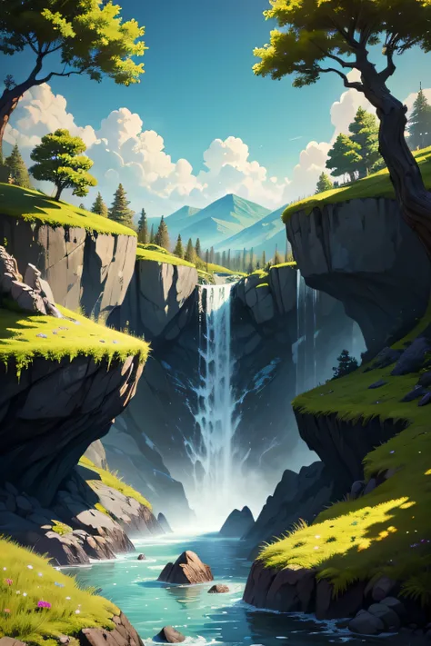 masterpiece, bottomless abyss, colorful flowers and giant trees. Beautiful sky and rocks in the distance. Adventure landscape. highest quality, detailed.