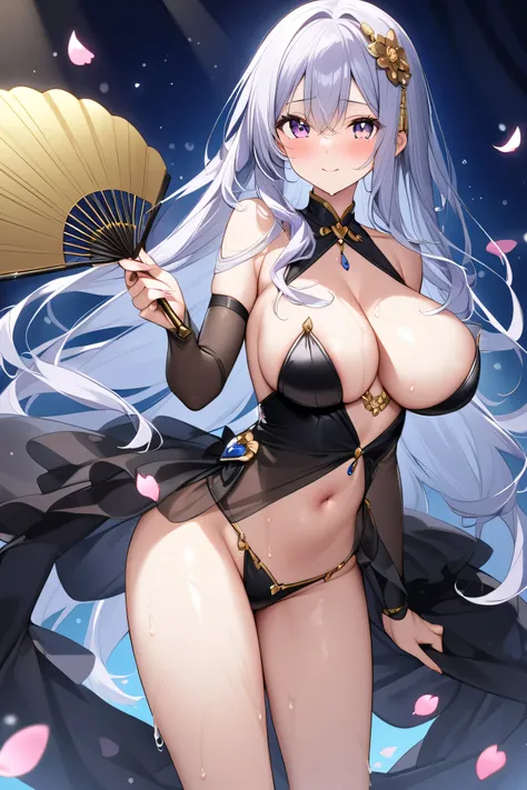 28 year old beautiful girl、long hair。
 characters are anime designs 。
 hair is silver。
Eye color is gold 。
The figure is glamorous 。Big bust 。
I have hair all over my pubic area。
has an ecstatic expression with estrus。
Wear a fan-like black striptease danc...