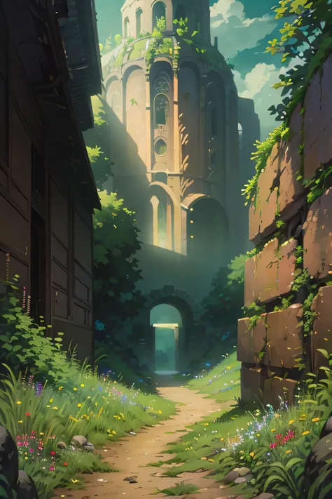 masterpiece, bottomless abyss, colorful flowers and giant trees. Beautiful sky and rocks in the distance. Adventure landscape. highest quality, detailed.