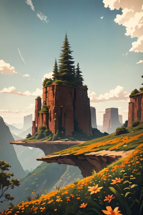 masterpiece, bottomless abyss, colorful flowers and giant trees. Beautiful sky and rocks in the distance. Adventure landscape. highest quality, detailed.