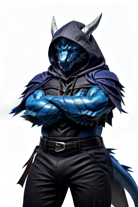 Mysterious blue Dragon, hood down, full body, crossed arms, white background, black trousers