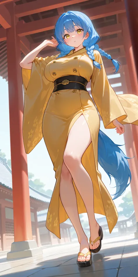 Alone, 1 girl\(((supermodel)), ((Big breasted women)),  a werewolf girl with a tail ,  freckles,, braids, Beautiful blue hair,  in a Classic Japanese Town , Chest, Black and Golden Kimono , beautiful eyes ,  super cute,  Super Sexy,  ultra bouncy ,  beauti...