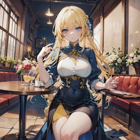 A tall blue-eyed woman in the formal costume, blonde braided hair. She looks at me menacingly. She seating in the cafe.