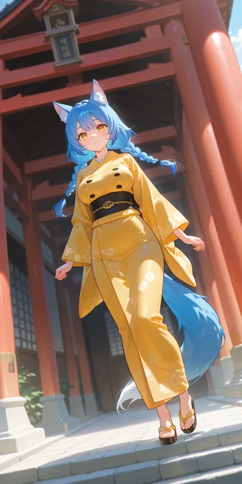 Alone, 1 girl\(((supermodel)), ((Big breasted women)),  a werewolf girl with a tail ,  freckles,, braids, Beautiful blue hair,  in a Classic Japanese Town , Chest, Black and Golden Kimono , beautiful eyes ,  super cute,  Super Sexy,  ultra bouncy ,  beauti...