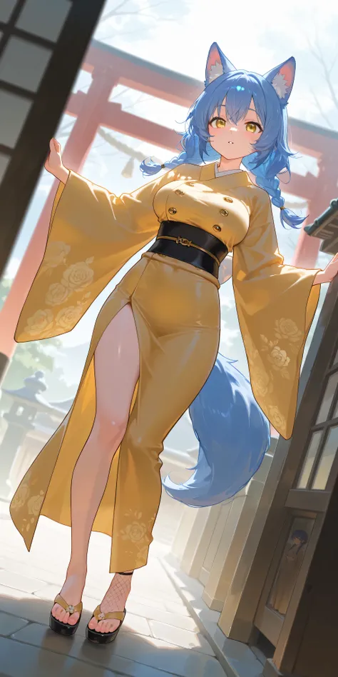 Alone, 1 girl crouching\(((supermodel)), ((Big breasted women)),  a werewolf girl with a tail , freckles,, braids, Beautiful blue hair,  in a Classic Japanese Town , Chest, Black and Golden Kimono , beautiful eyes ,  super cute,  Super Sexy,  ultra bouncy ...