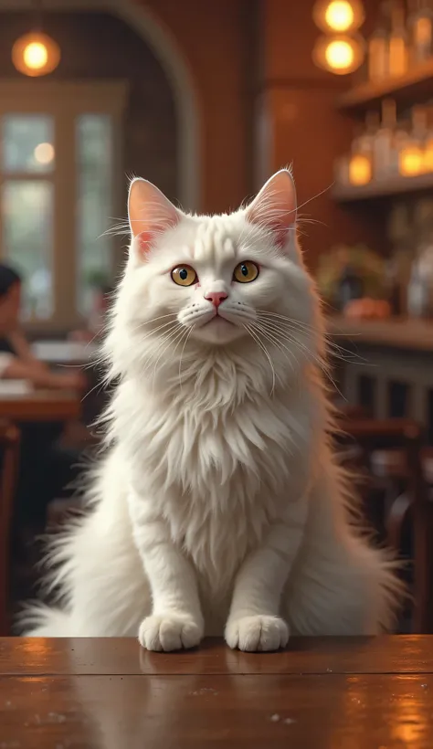 image rich in detail and ultra realistic quality of a white cat sitting at a bar table, She wears casual clothes, the color of the image is clear and sharp 