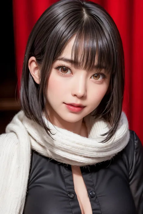 (masterpiece,  best quality ), one naughty girl, alone,  dark-haired, scarf,  real hair ornaments, realistic, realistic,    People Stared Closely, Light-coloured black eyes,    short brunette bob  ,    Brown Coat , Winter clothes, White headscarf, No lips ...