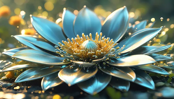 best quality, very good, 16K, Ridiculous, Very Detailed,  charming(((flower:1.3)))，Made of boiling liquid metal,  background prairie （（A masterpiece full of fantasy elements）））， （（best quality））， （（intricate details））（ 8,000）