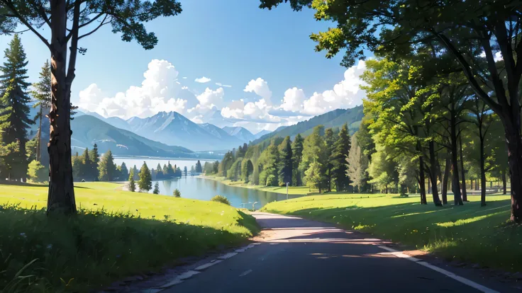 The atmosphere is quiet, lively, relaxed, beautiful green meadow in the center of the picture is a dirt road. Next to the road there are big trees around the meadow, the lake is far away, there are beautiful mountains, there are many pine forests lined wit...