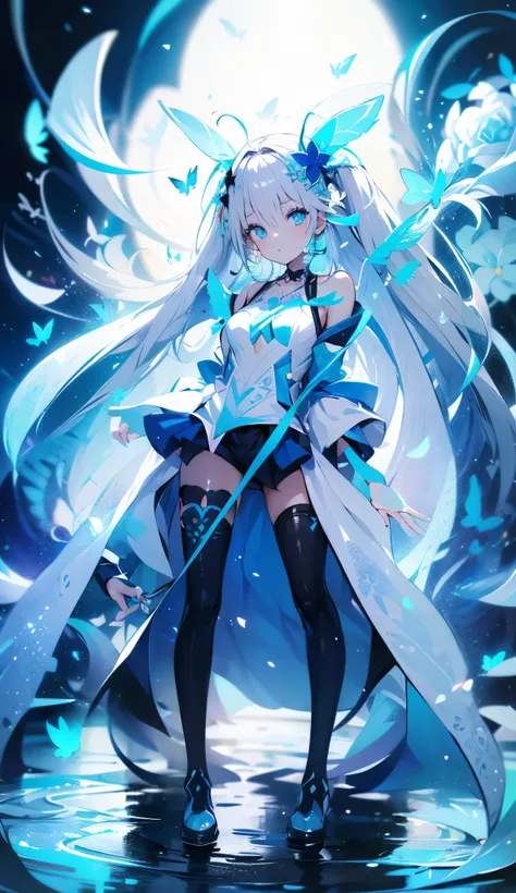 (Overhead view),dynamic angle,ultra-detailed, illustration, close-up, straight on, 1girl, (fantasy:1.4), (azure blue eyes:1.233),Her eyes shone like dreamy stars, full body, long hair, (glowing eyes:1.233),(beautiful and detailed eyes:1.1),(Silver hair:1.1...