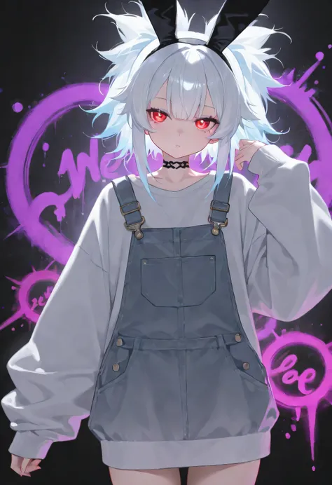 A futuristic anime-style girl with short white hair and vibrant red eyes, wearing a sleek black oversized sweatshirt adorned with edgy, graffiti-like bunny artwork. She has cute yet stylish cyberpunk bunny ears attached to her head, glowing faintly. The ba...