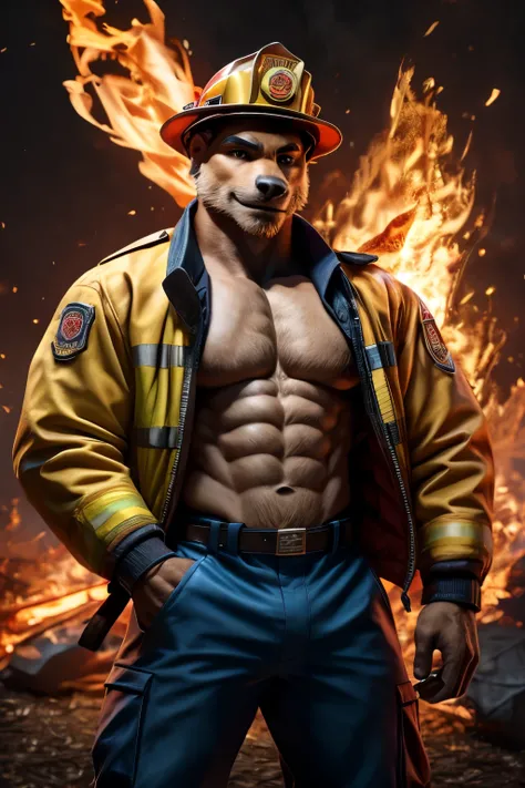 handsome muscular firefighter wearing a firefighter jacket showing off his prominent pecs and perfect abs, wearing firefighter pants and boots, fire circles background