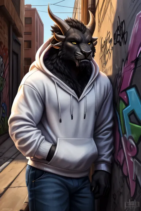 charr, Masterpiece, highly detailed, character, male, 1boy, lean on wall, alley, graffiti, white hoodie, black fur