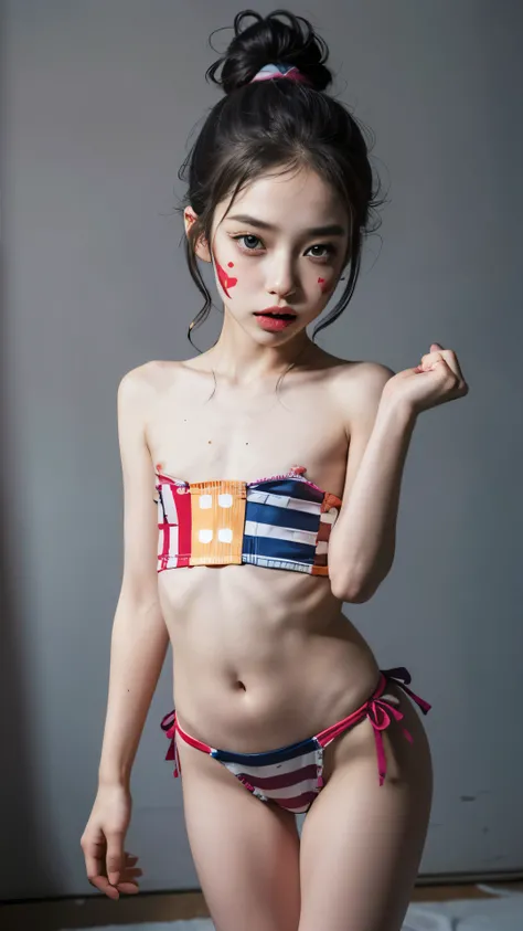 Realistic image,Professional photograph, Perfect picture, Clown woman, with realistic appearance, with clown clothes, with clown makeup, striking a sensual pose, Bigger Breasts, beautiful body,semi new , skinny thighs, slender thighs, slim thighs, thin th...