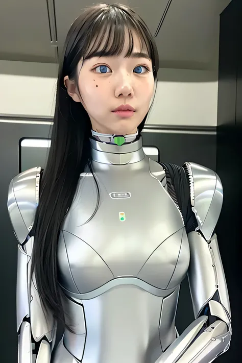 masterpiece, best quality, extremely detailed,  Japaese Cyborg girl,Plump ,freckled skin,control panels,android,Droid,Mechanical Hand, Robot arms and legs, Black Robot Parts,silver hair,Mechanical body,long hair,White robotics parts,perfect robot girl,long...