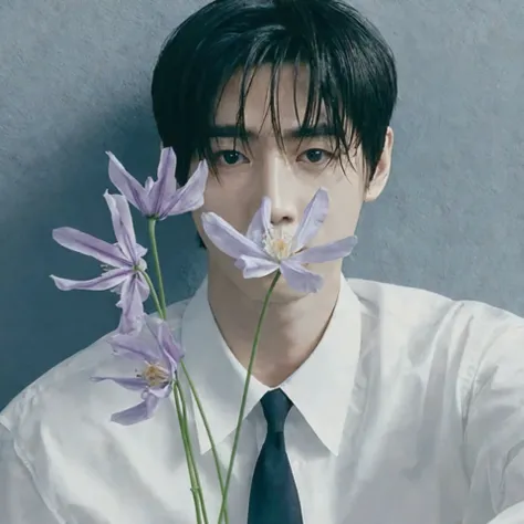 Is there a man in a tie holding a flower in his mouth, Jinyoung Shin, Kim Doyoung, Cai Xukun, with flowers,  inspired by Zhang Han , hyung tae, Jinyoung Shin estético, sometimes ulzzang, Heise Jinyao, Korean artist,  inspired by Jeonseok Lee , Jung Jaehyun...