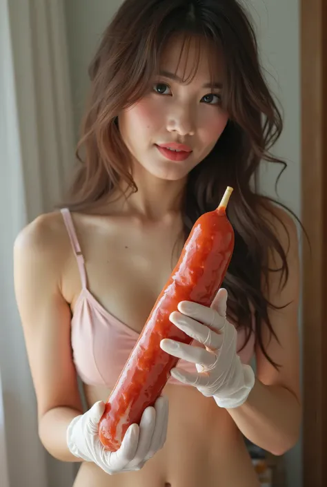 A young Japanese woman holds a large sausage in a condom in her hand 、 woman wearing latex gloves , long brown and unkempt hair 、 model body type ,  since age 27, Realistic woman's room ,( full body),  looks happy,  bright , ,  (no mans), (The right move),...