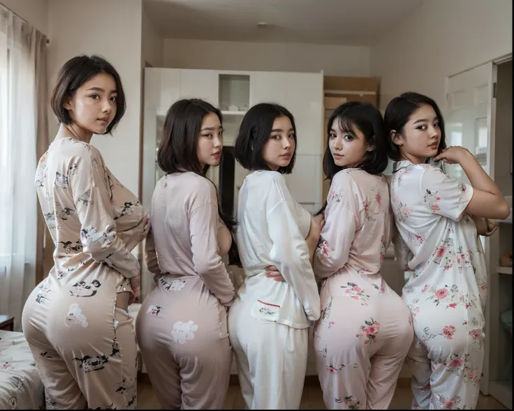 Several girls, 18 year old Korean short black hair girls from behind wearing baby large pajamas cover all the body With huge breasts and huge butts, having short black hair,standing situation, Side view camera,(group containing several members of girls hav...